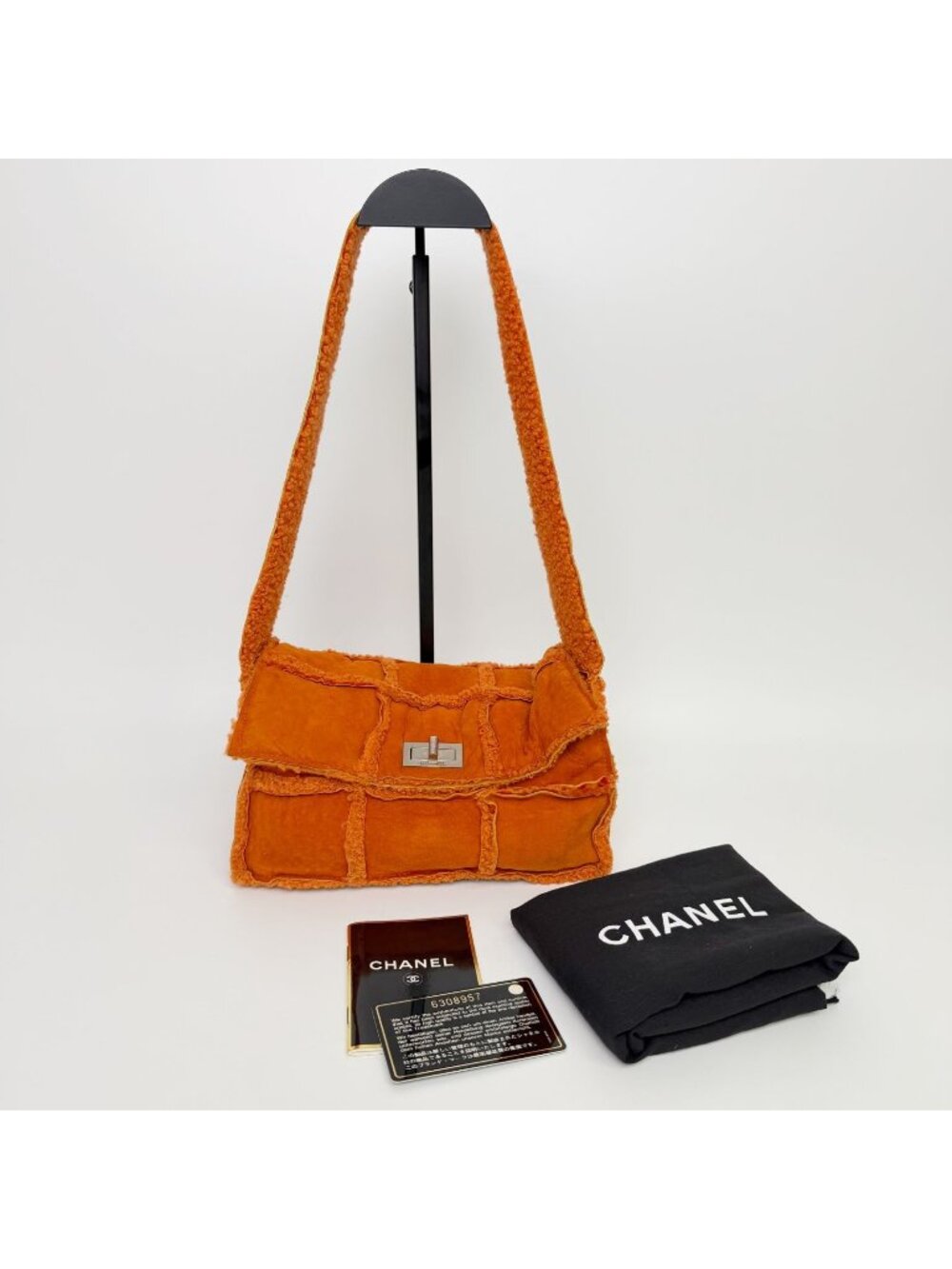 Chanel 2.55 Patchwork Turnlock Shoulder Bag Shearling Suede Orange Silver Seal